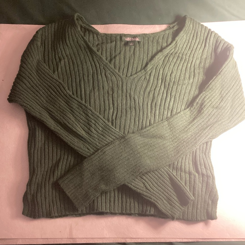 Green V-Neck Ribbed Sweater